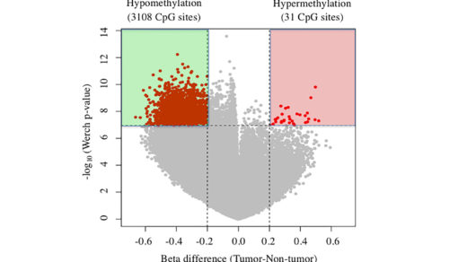 Figure 1: Volcano plots of DNA methylation in tumor tissues compared with nontumor tissue. Significant associations are indicated in red.
