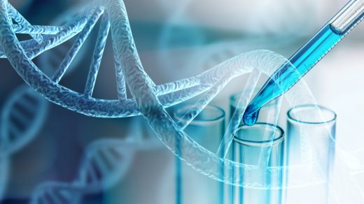 Science laboratory test tubes and DNA structure
