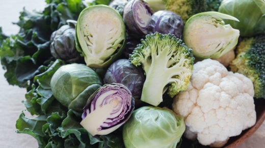 Cruciferous vegetables, including cauliflower, broccoli, Brussels sprouts, cabbage, and kale.