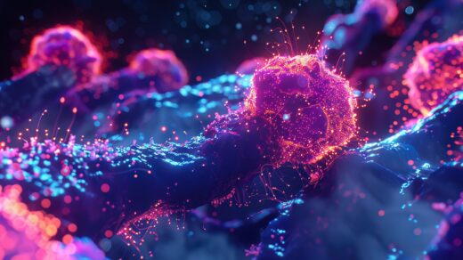 Skin cells with neon edges, representing the spread of melanoma