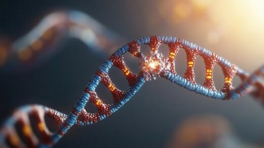 DNA damage leading to cancer 3D visualization showing DNA strands breaking apart, leading to cancer cell formation, with bright color contrasts for educational use