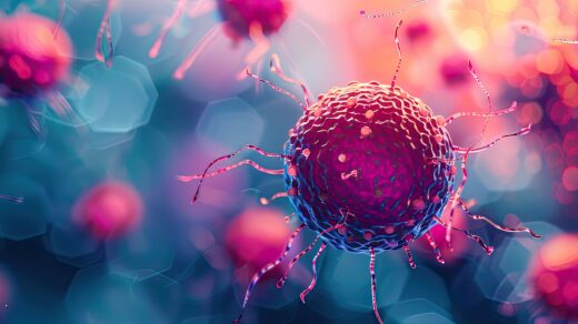 Detailed view of a 3D model of prostate cancer cells, highlighting the aggressive growth patterns