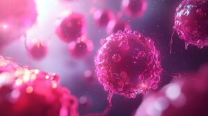 An illustration of breast cancer cells for a medical research presentation.