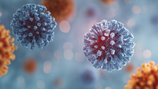 Covid-19 viruses with spike proteins, spherical viral particles floating in microscopic environment, generative ai illustration.