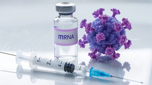 syringe and bottle mRNA Vaccines and coronavirus on a white background, COVID-19 Vaccine
