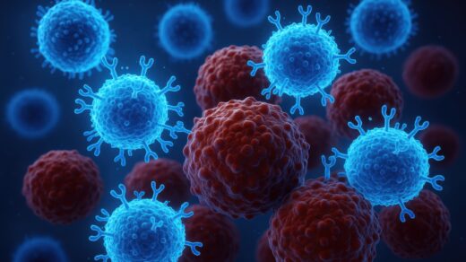 Revolutionary CAR-T cell therapy visualization showing engineered immune cells attacking cancer in bloodstream