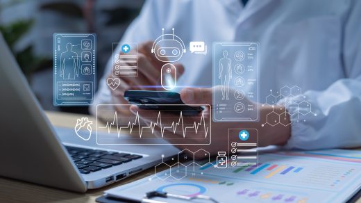 Futuristic AI assistant for digital health and telemedicine, enhancing online medical consultation, remote patient care, and healthcare analytics with artificial intelligence.